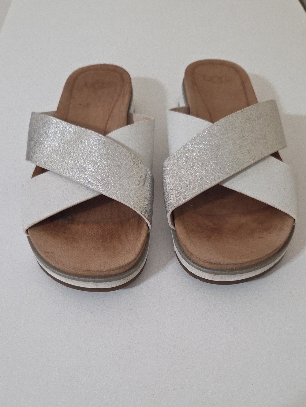 UGG Women’s White Metallic Cross-Strap Slide Sandals